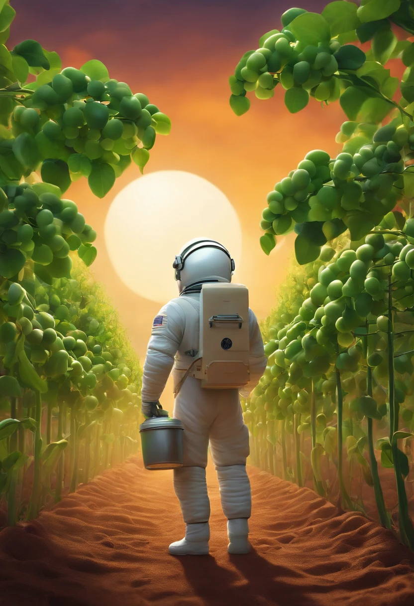 Disney Pixar Animation Cartoon Movie Style, Astronaut and farmer holding a soybean plant in a soybean field.