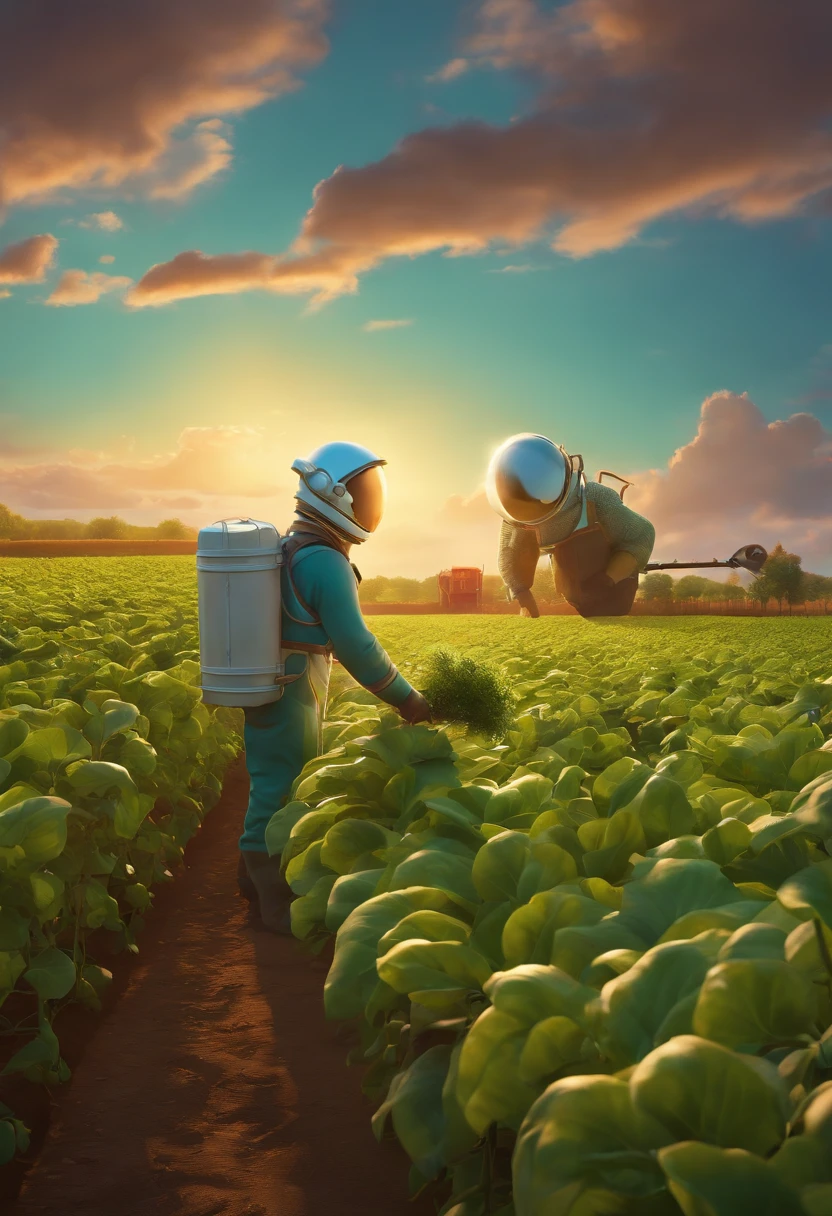 Disney Pixar animation cartoon movie style, Astronaut and farmer holding a soybean plant in a soybean plantation.