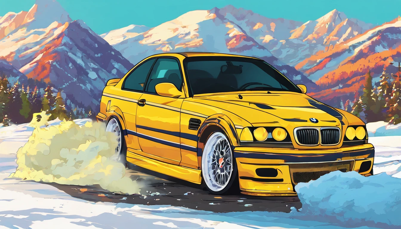 Bmw m3 e46 jaune, qui roule sur la neige