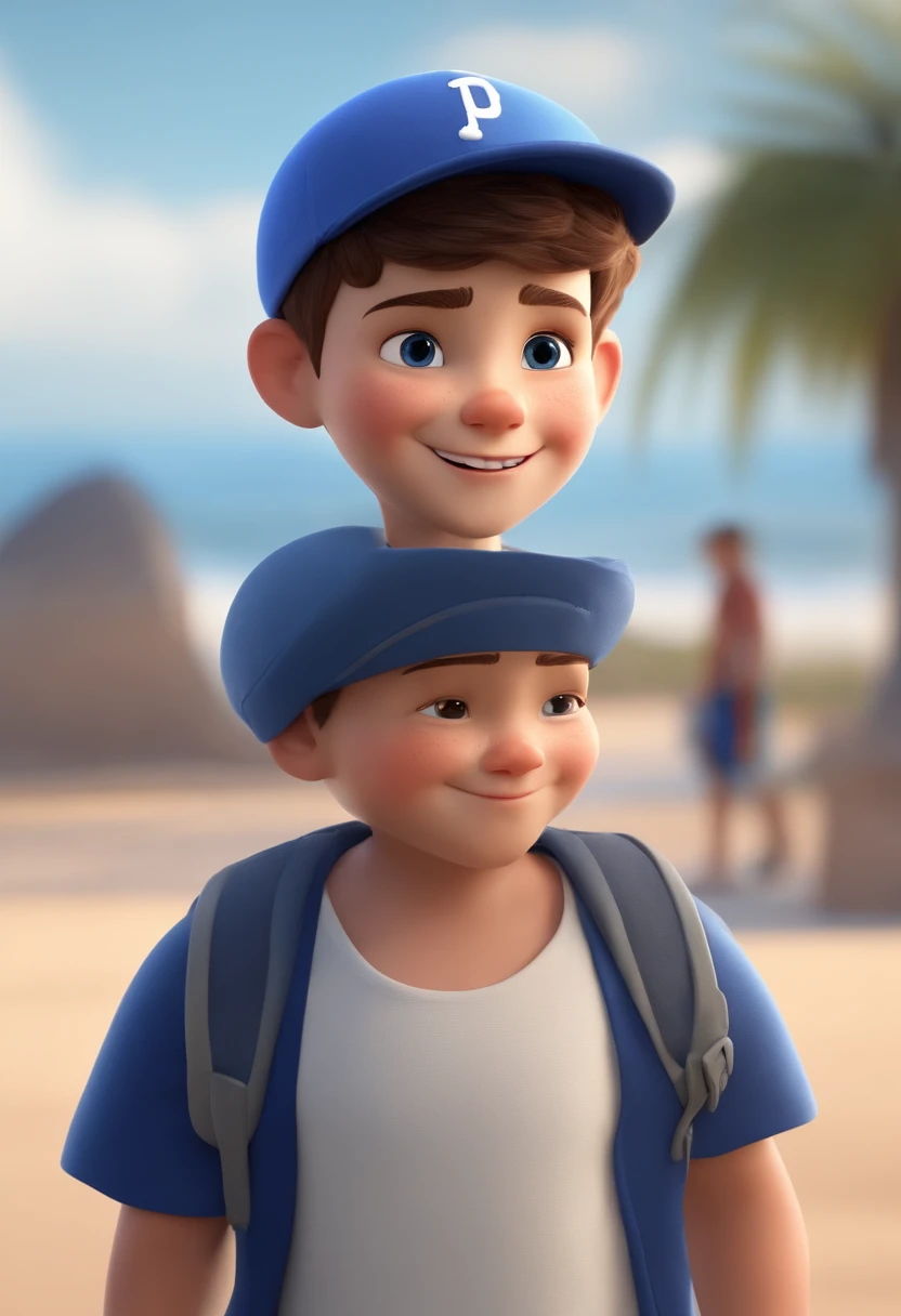 A happy cute boy standing short hair with dark blue cap , vestindo uma camisa azul , , fundo branco, barnet, Tom, Estilo Pixar, ......3d, desenhos animados, rosto detalhado, asymmetrical 16k