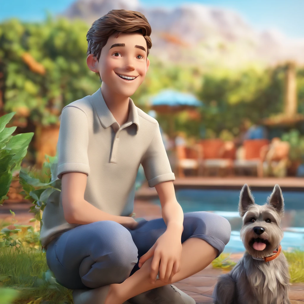 Lucas is a smiling 15-year-old human boy, com seu fiel amigo, Bolt, o cachorro schnauzer, deitados no jardim