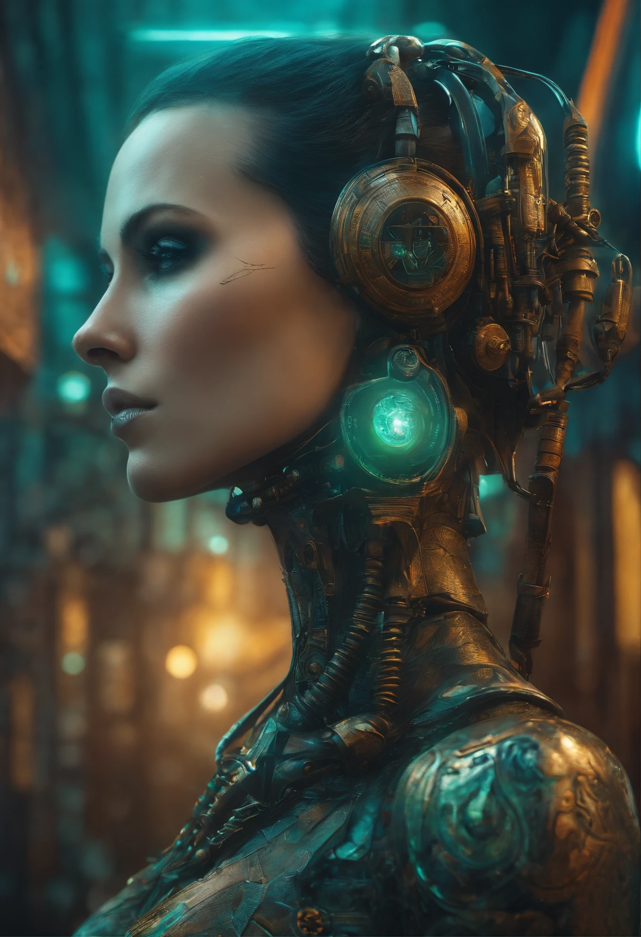Robot woman tattooed on a cyberpunk background, Nenhum estilo de Andrzej Sykut, Objetos 3D luminosos, Elizabete Gadd, linhas intrincadas, detailed facial features, Victor Nizovtsev, verde claro e preto claro