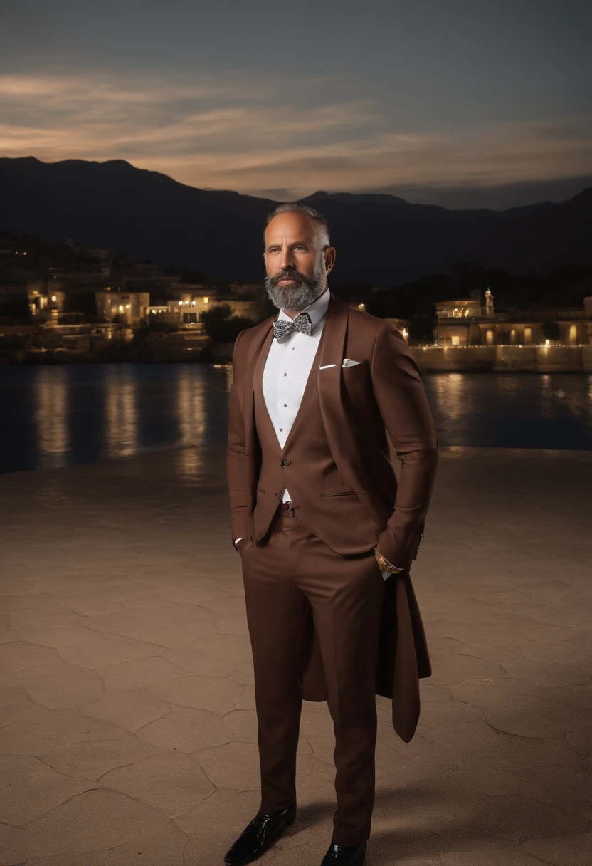 PRECISO DE UMA IMAGEM DE UM HOMEM DE 40 ANOS BARBUDO E POUCO GRISALHA E TOTALMENTE CARECA COM UMA VESTIMENTA DE TERNO COMO UNIFORME E A LOGOMARCA DA EMPRESA NO PEITO E DA MARCA SOCILA ,A GRAVATA , FORTE E MORENO CLARO , SIMPATICO EM FRENTE A UM SALAO DE BELEZA DA MARCA SOCILA