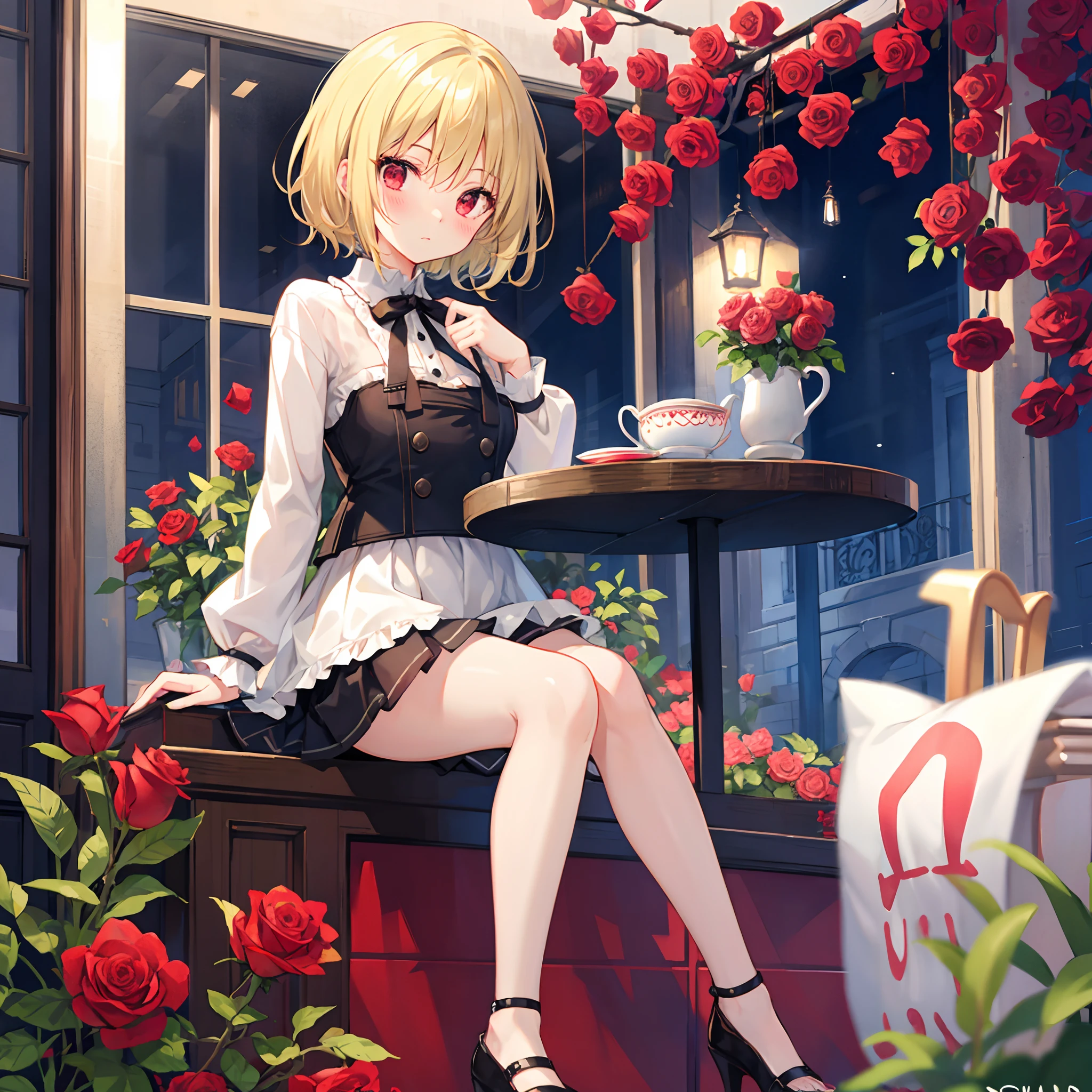 short blond hair、Red-eyed girl、Sitting surrounded by roses、red blush、a miniskirt、Chinaware