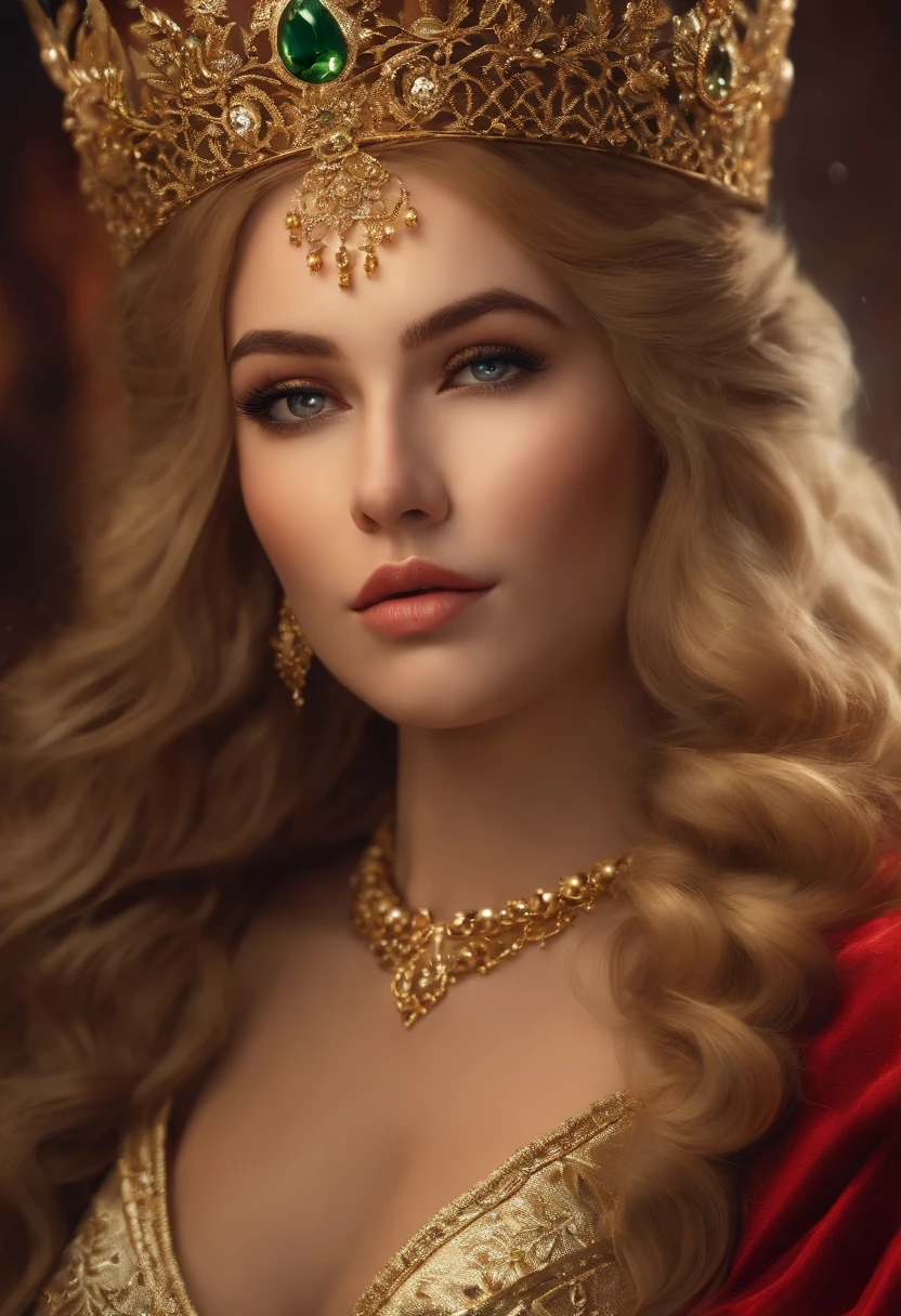 a beautiful empress portrait, gold bikini,Blonde hair, Perfect black eyes, excellent,Big Christmas tiara, clothes Santa robes, everything Christmas, Male, Symmetrical, dramatic studio lighting, rococo, baroque, verdure, Asian, Hyper-realism, closeup cleavage, D&D, fantasy, twists, elegant, Highly detailed, Digital painting, art stations, rendering by octane, 8K, concept-art, pads, Sharp focus