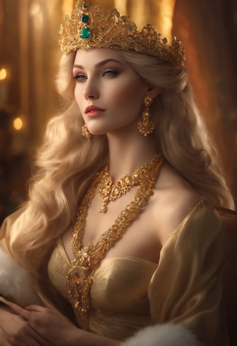 a beautiful empress portrait, gold bikini,Blonde hair, Perfect black eyes, excellent,Big Christmas tiara, clothes Santa robes, everything Christmas, Male, Symmetrical, dramatic studio lighting, rococo, baroque, verdure, Asian, Hyper-realism, closeup cleavage, D&D, fantasy, twists, elegant, Highly detailed, Digital painting, art stations, rendering by octane, 8K, concept-art, pads, Sharp focus
