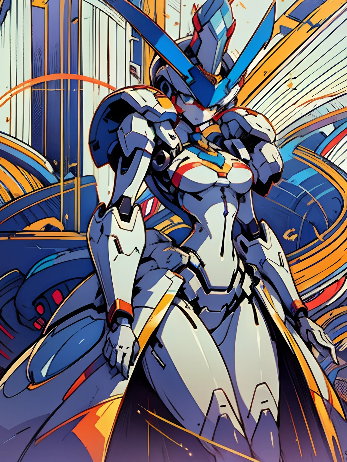 Red blue，（tmasterpiece，top-quality，best qualityer，offcial art，Beauty and aesthetics：1.2），Pedras preciosas，（1girll），warrior queen armor，Bejeweled Crown，White mech girl， Dear in Franks ,Tall，exquisite warframe fanart,， Biomechanical OPPAI