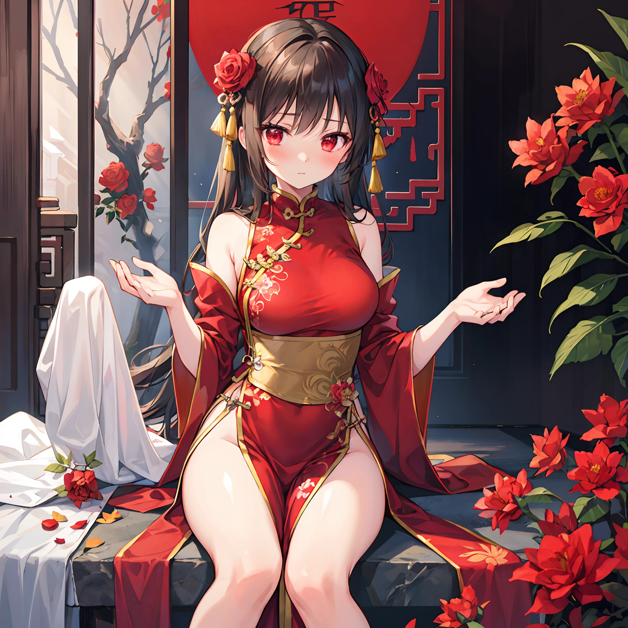 (perfect anatomy, anatomically correct, super detailed skin), 1 mature woman, solo, japanese, (detailed ultra-oily shiny skin:1.1), watching the view, (smile:1.5, happiness), 
((chinese costume metallic red wedding dress, black stockings, red lips, ), (embroidered cloth shoes), open chest wide, valley), 
beautiful hair, beautiful face, beautiful detailed eyes, brown eyes, (long hair:1.5, twin tails :1.7), black hair, hair bun, (large breasts:1.2), (cute face), (Ideal ratio body proportions), 
beautiful clavicle, beautiful body, beautiful chest, beautiful thigh, beautiful legs, breast, bare foot, bare arm, slender, small buttocks, skinny legs, 
(beautiful scenery), wedding background, candlelight night in the cave house, wedding scene, red lantern, festive atmosphere, (kneeling position), (point you by ass), 
(8k, top-quality, masterpiece​:1.2, extremely detailed), (photorealistic), beautiful art, visual art, depth of fields, cinematic lighting, surrealism, elaborate design,