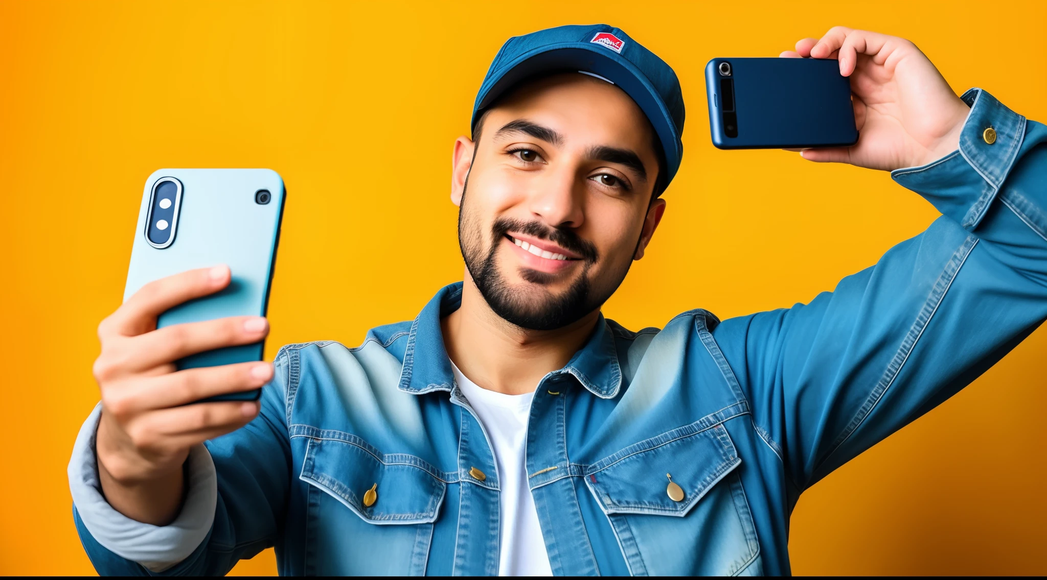 Man in denim jacket and cap taking a selfie, imagem de corpo inteiro, Vestido casualmente, usando jeans duplo, vestido casualmente, Riyahd Cassiem, vestindo uma jaqueta jeans, foto do perfil, imagem de qualidade muito alta, selfie de um homem, album photo, Fotografia selfie 8k, foto de perfil headshot, foto da roupa, Emad Mostaque, Carregado