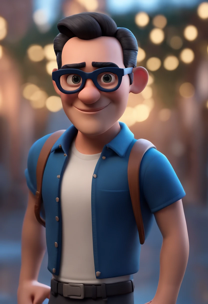 Cartoon character of a man wearing black glasses and a blue shirt, um personagem animado, Caractere estilizado, animation style rendering, 3D estilizado, Arnold Maya render, 3 d render stylized, toon render keyshot, Personagem 3D, Personagem 3D, 3d rendering stylized, 3 d character render, personagem de desenho animado, Personagem de close up, Pose de personagem, (Estilo Pixar) (master part:1.2) (Bokeh) (best quality) (pele detalhada) (textura detalhada) (8k) (argila) (Cinematic lighting) (foco nítido,Senta e vaza a parte superior do corpo