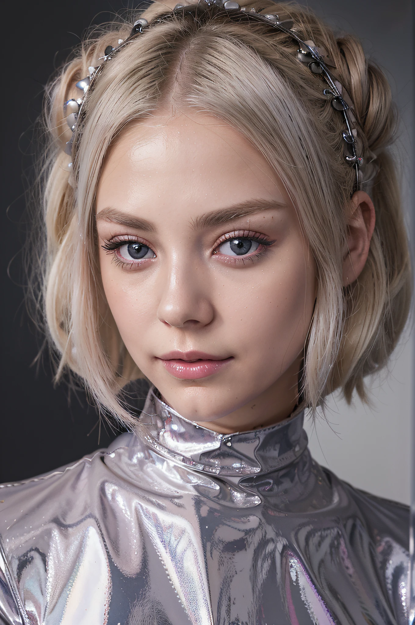 Breathtakingly beautiful, pretty young girl with straight platinum blonde hair, Spacebuns, silky shiny skin, grell blau leuchtende Augen, vollbusig, Masterpiece, Ultra-HD, rote PVC Bluse, shiny, shiny, Lipgloss, perfektes Gesicht, roter Lippenstift.