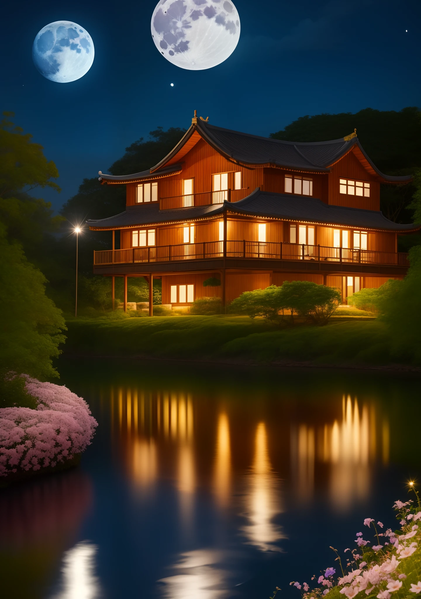 realistic 4k photo, tres house in taiwan, moon at sky, breeze and night blooming flowers glittering, flogs singing on the river, river is reflecting moon light,