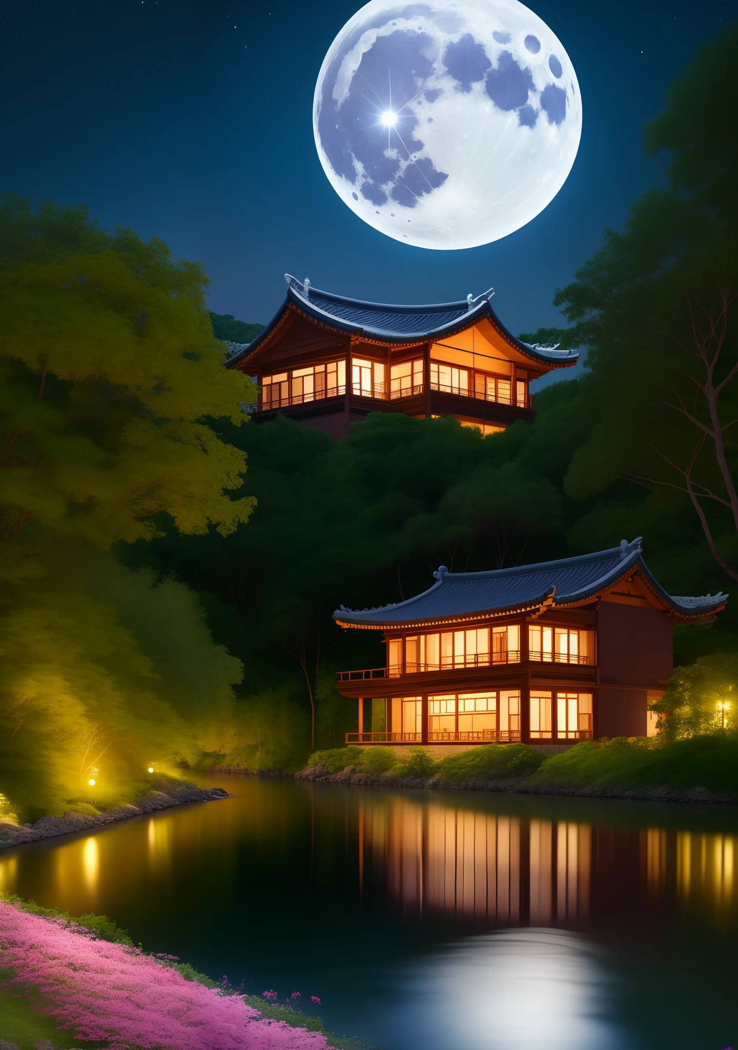 realistic 4k photo, tres house in taiwan, moon at sky, breeze and night blooming flowers glittering, flogs singing on the river, river is reflecting moon light,