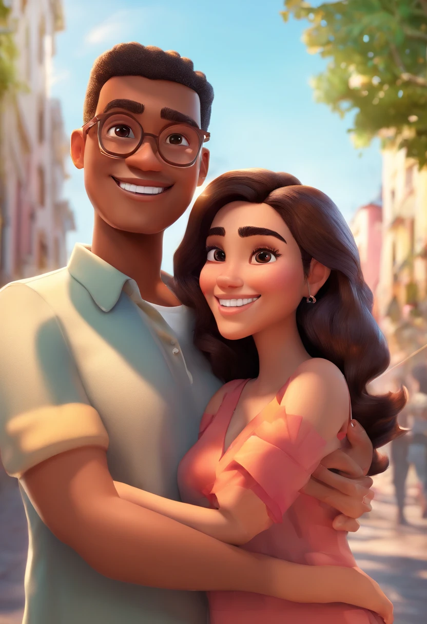 An illustration of an adorable couple, Highlight for a chubby mulatto man with glasses smiling and a brunette woman with beautiful expressive eyes - the man's skin is mulatto and the man's hair haswhile the woman's skin is black and the woman's hair is straight and brown. They are a bright room, cada um com um sorriso no rosto, e compartilhar um momento especial caracterizado pelo amor, Insights. Illustrate this scene from a perspective where they are facing the camera, Smiling and Showing Your Connection. Desenvolva esta arte em Full HD, Focus on your cinematic touch, Estilo Disney Pixar Animations