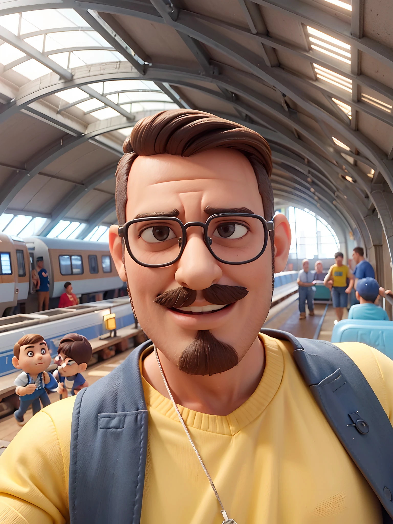 Homem branco, alto, magro, com barba curta, cabelo castanho liso para o lado, com oculos, Walking in Luz station