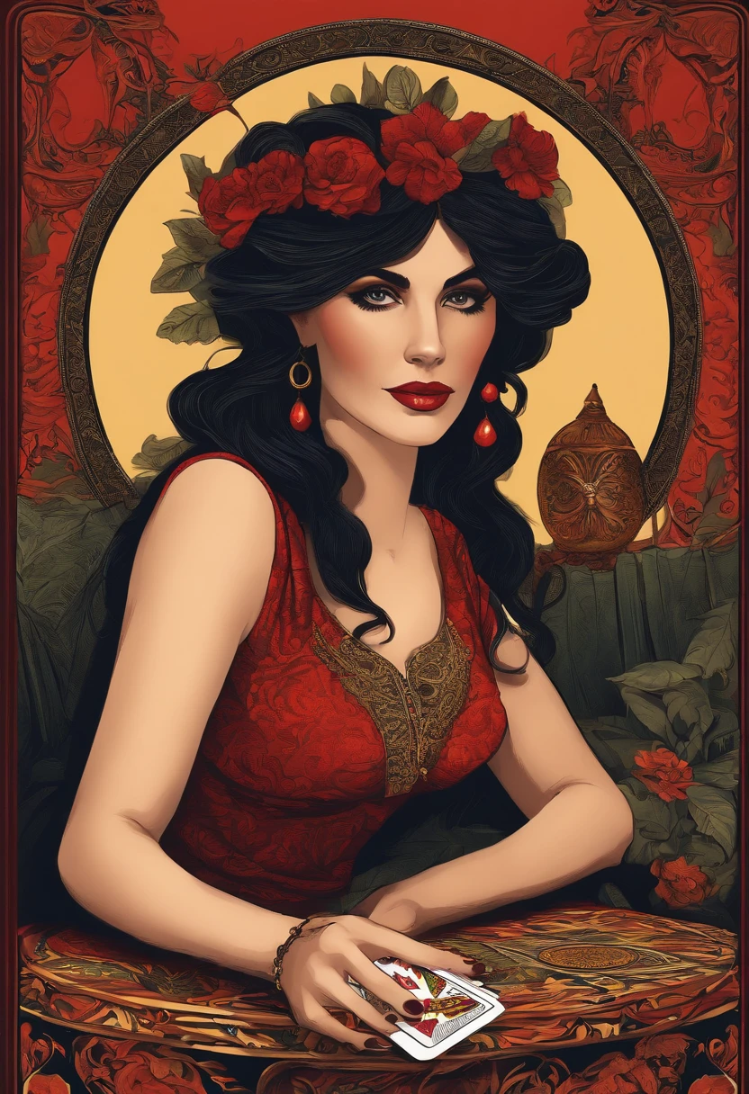 Black Eyes Brunette Woman Playing Tarot Cards