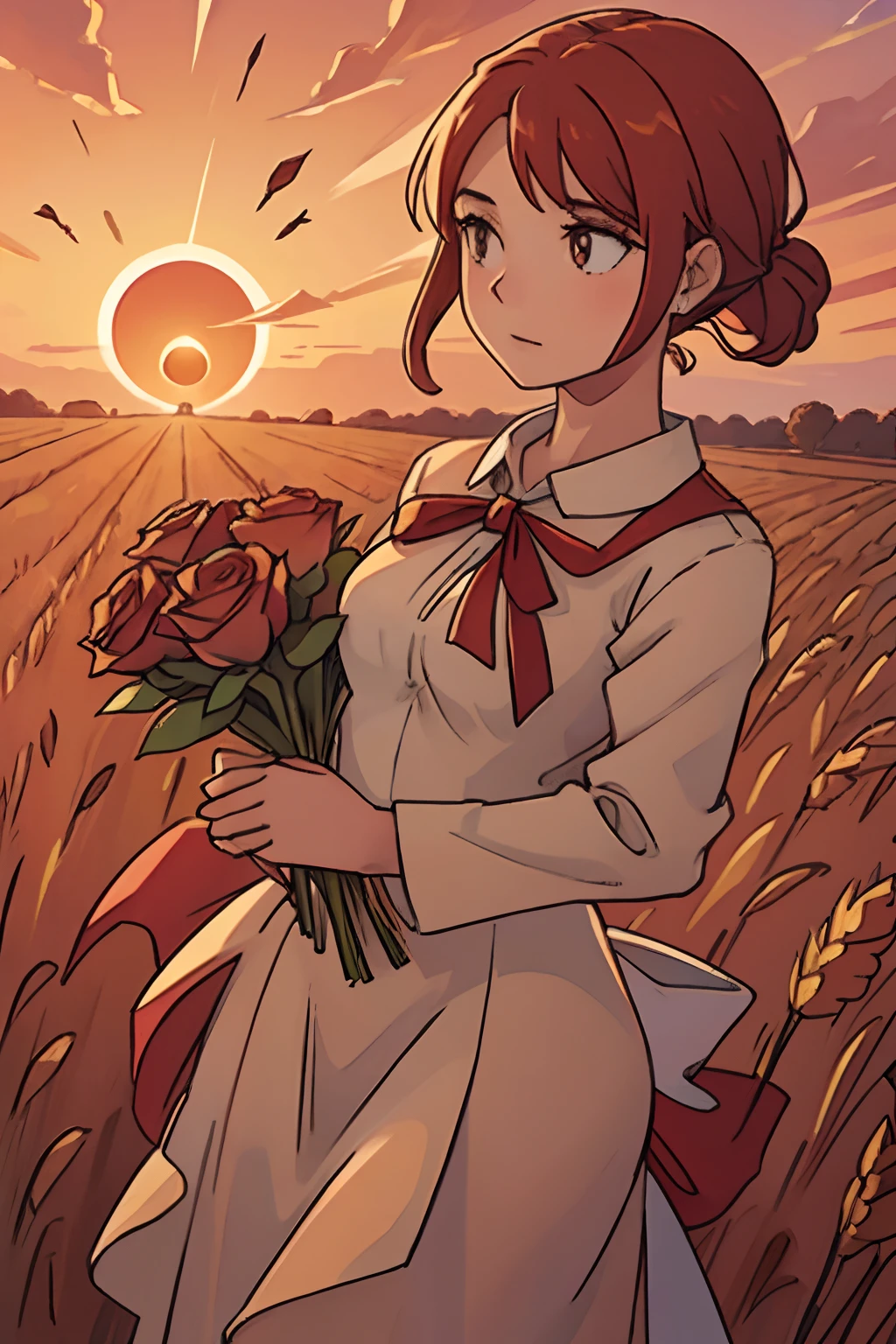 A statue of a female angel figure standing alone in a wheat field during a red sunset while holding a rose bouquet