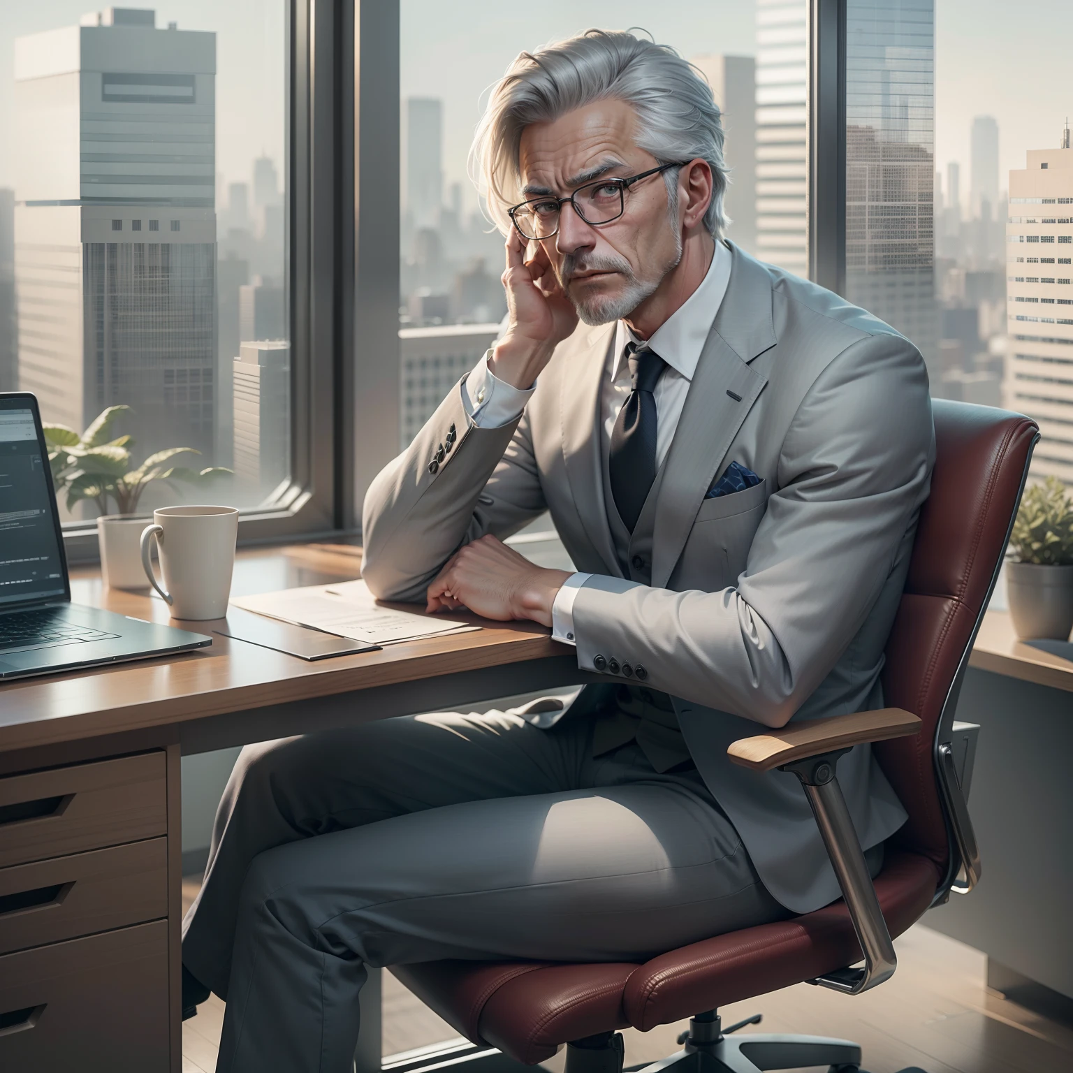 Ultra realistic image of a gray-haired man, wearing glasses, dressed in a suit, sitting at a large desk, large office, grim expression, on the top floor of a building, future AI law bot for assiting clients