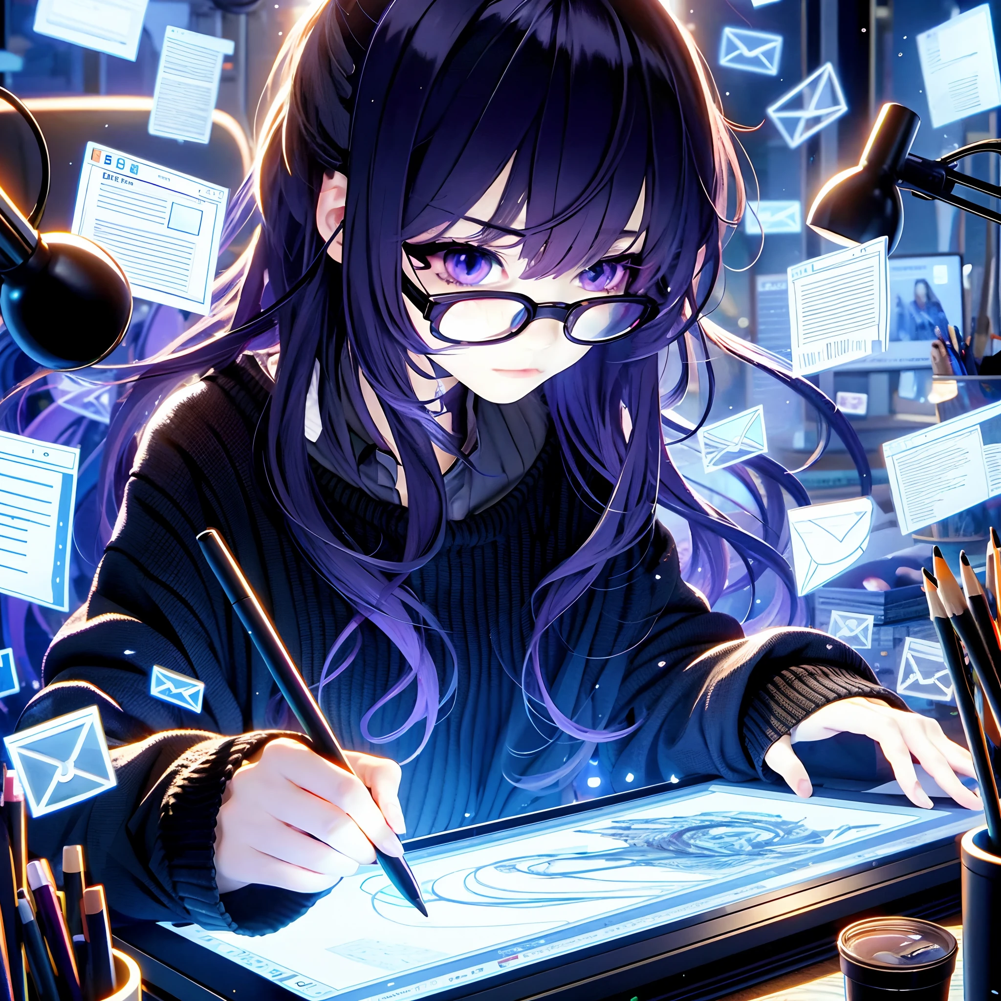 Anime girl wearing glasses writing on tablet in a dark room, anime moe art style, Anime art wallpaper 8k, anime art wallpaper 4k, anime art wallpaper 4k, digital anime illustration, digital anime art, Detailed Digital Anime Art, digital anime art!!, anime style 4 k, High quality anime art style, anime digital art, digital art in anime style