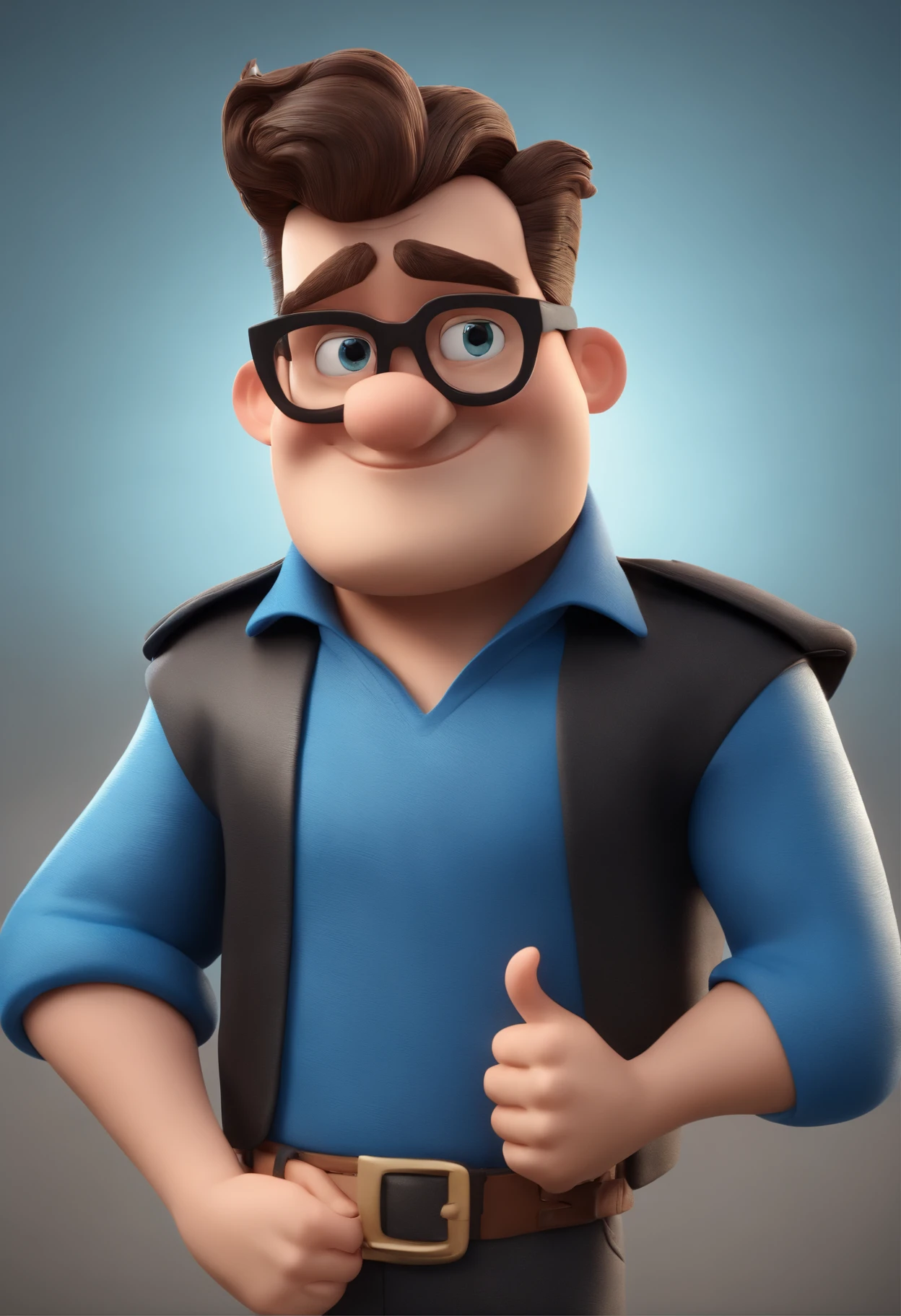 Cartoon character of a man wearing black glasses and a blue shirt, um personagem animado, Caractere estilizado, animation style rendering, 3D estilizado, Arnold Maya render, 3 d render stylized, toon render keyshot, Personagem 3D, Personagem 3D, 3d rendering stylized, 3 d character render, personagem de desenho animado, Personagem de close up, Pose de personagem, (Estilo Pixar) (master part:1.2) (Bokeh) (best quality) (pele detalhada) (textura detalhada) (8k) (argila) (Cinematic lighting) (foco nítido,Senta e vaza a parte superior do corpo