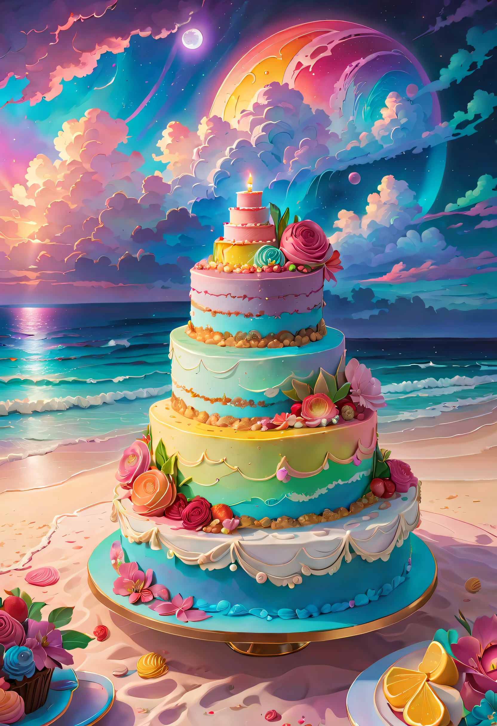 (best quality,8k,highres,masterpiece:1.2),dramatic lighting,bright beach on a stunning cake,full moon,hp Lovecraft style,cute decorations,exquisite,detailed,dramatic lighting,high saturation，，The painting can have a dreamlike tranquil vibe, Soft clouds and a brightly colored RGB color palette, (Studio Ghibli-like colors, Cinematic lighting, First-person perspective, Angle, panoramic, Ultra-wide angle, Ultra-high definition, Anatomically correct, masterpiece-quality, Selected, Award-winning, Best quality, Extremely colorful, highestdetailed, Close-up of details, Capture every delightful detail of the cake)