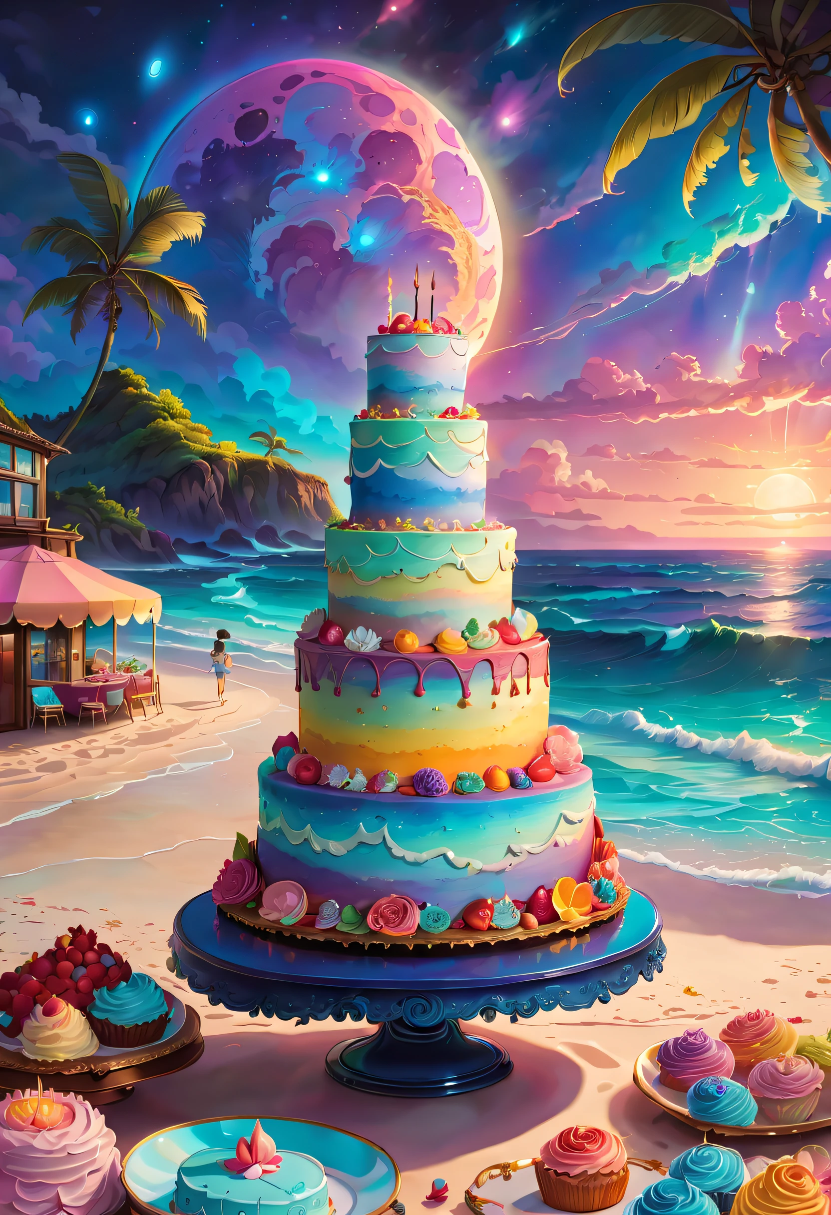 (best quality,8k,highres,masterpiece:1.2),dramatic lighting,bright beach on a stunning cake,full moon,hp Lovecraft style,cute decorations,exquisite,detailed,dramatic lighting,high saturation,,The painting can have a dreamlike tranquil vibe, Soft clouds and a brightly colored RGB color palette, (Studio Ghibli-like colors, Cinematic lighting, First-person perspective, Angle, panoramic, Ultra-wide angle, Ultra-high definition, Anatomically correct, masterpiece-quality, Selected, Award-winning, Best quality, Extremely colorful, highestdetailed, Close-up of details, Capture every delightful detail of the cake)