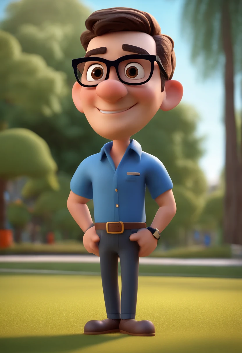 Cartoon character of a man with black glasses and a blue shirt, animation character, Caractere estilizado, animation style rendering, 3D estilizado, Arnold Maya render, 3 d render stylized, toon render keyshot, Personagem 3D, Personagem 3D, 3d rendering stylized, 3 d character render, personagem de desenho animado, Personagem de close up, Pose de personagem, (Estilo Pixar) (master part:1.2) (Bokeh) (best quality) (pele detalhada) (textura detalhada) (8k) (argila) (Cinematic lighting) (foco nítido