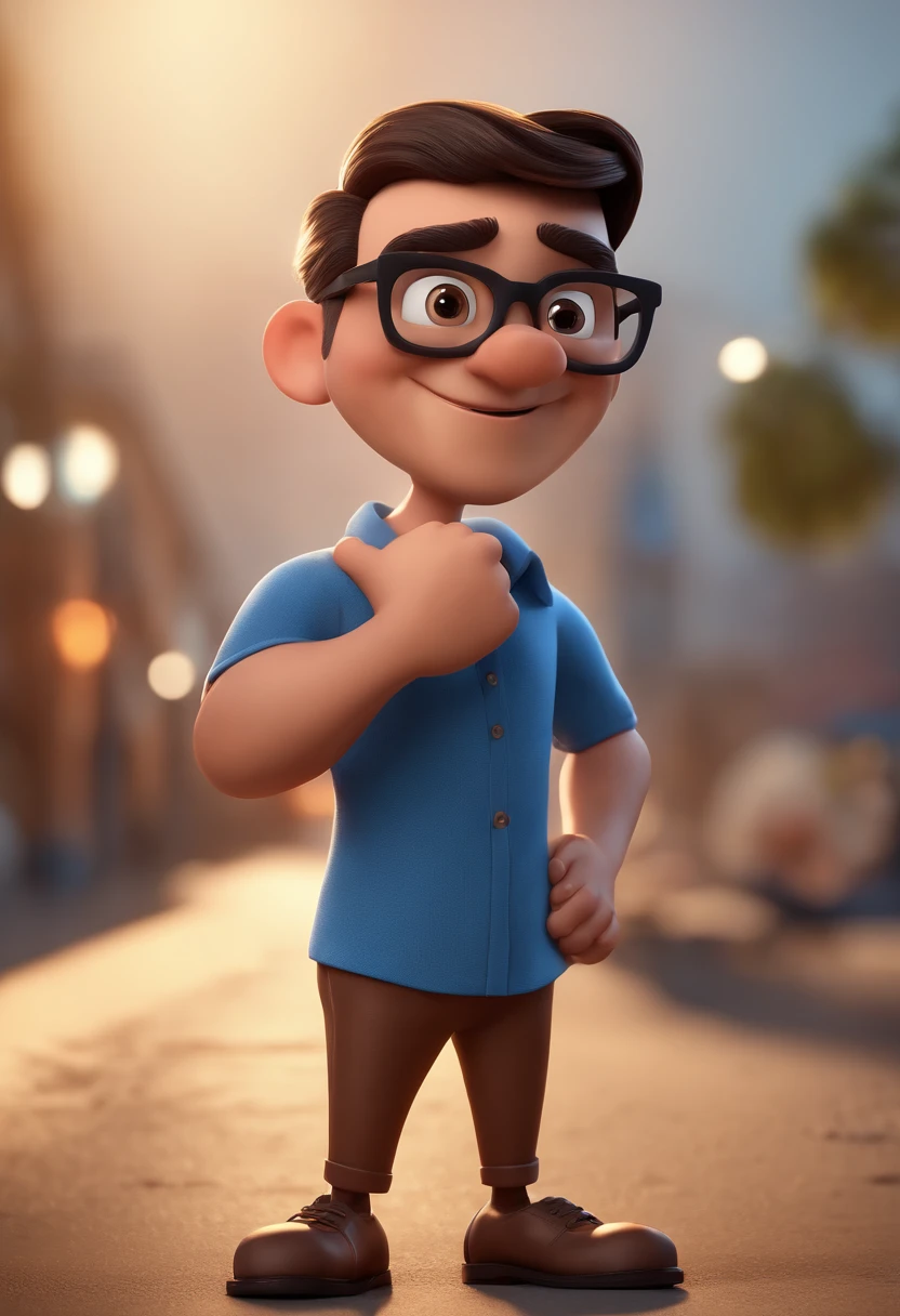 Cartoon character of a man with black glasses and a blue shirt, animation character, Caractere estilizado, animation style rendering, 3D estilizado, Arnold Maya render, 3 d render stylized, toon render keyshot, Personagem 3D, Personagem 3D, 3d rendering stylized, 3 d character render, personagem de desenho animado, Personagem de close up, Pose de personagem, (Estilo Pixar) (master part:1.2) (Bokeh) (best quality) (pele detalhada) (textura detalhada) (8k) (argila) (Cinematic lighting) (foco nítido