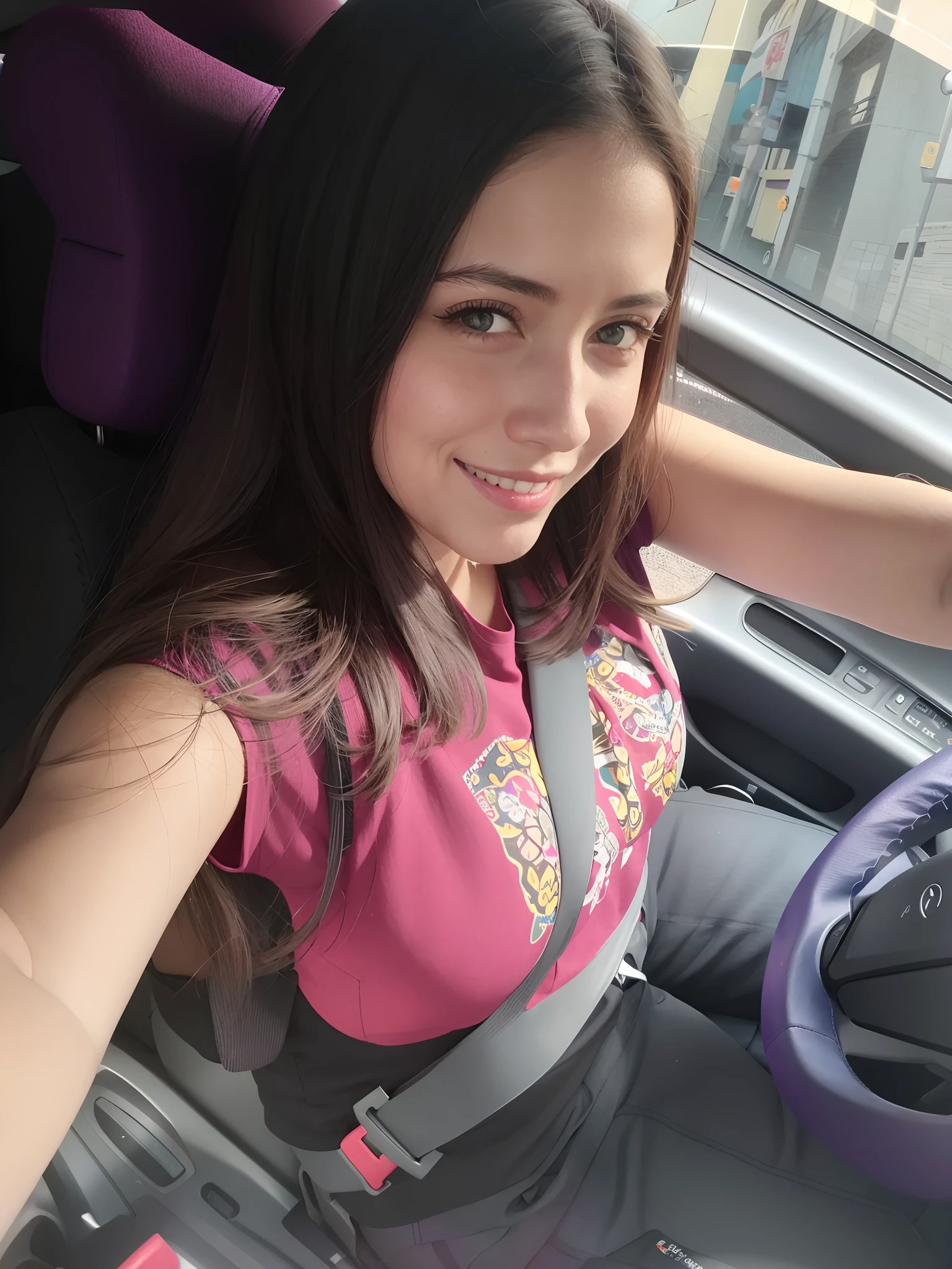 Pixar style poster of Woman in a car with purple seat belt, sentada en su auto, Conducir un coche, driving, Foto POV, hermosa imagen, riding on the road, Angelawhite, Violeta Myers, Foto selfie, Foto de Snapchat, en la calle de la ciudad, Ekaterina, Foto de baja calidad, she is smiling and excited, muy levemente sonriendo, ligeramente colorido