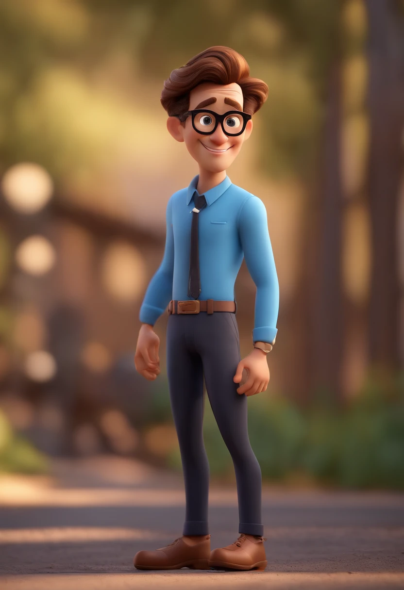 Cartoon character of a man wearing black glasses and a blue shirt, um personagem animado, Caractere estilizado, animation style rendering, 3D estilizado, Arnold Maya render, 3 d render stylized, toon render keyshot, Personagem 3D, Personagem 3D, 3d rendering stylized, 3 d character render, personagem de desenho animado, Personagem de close up, Pose de personagem, (Estilo Pixar) (master part:1.2) (Bokeh) (best quality) (pele detalhada) (textura detalhada) (8k) (argila) (Cinematic lighting) (foco nítido，Senta e vaza a parte superior do corpo