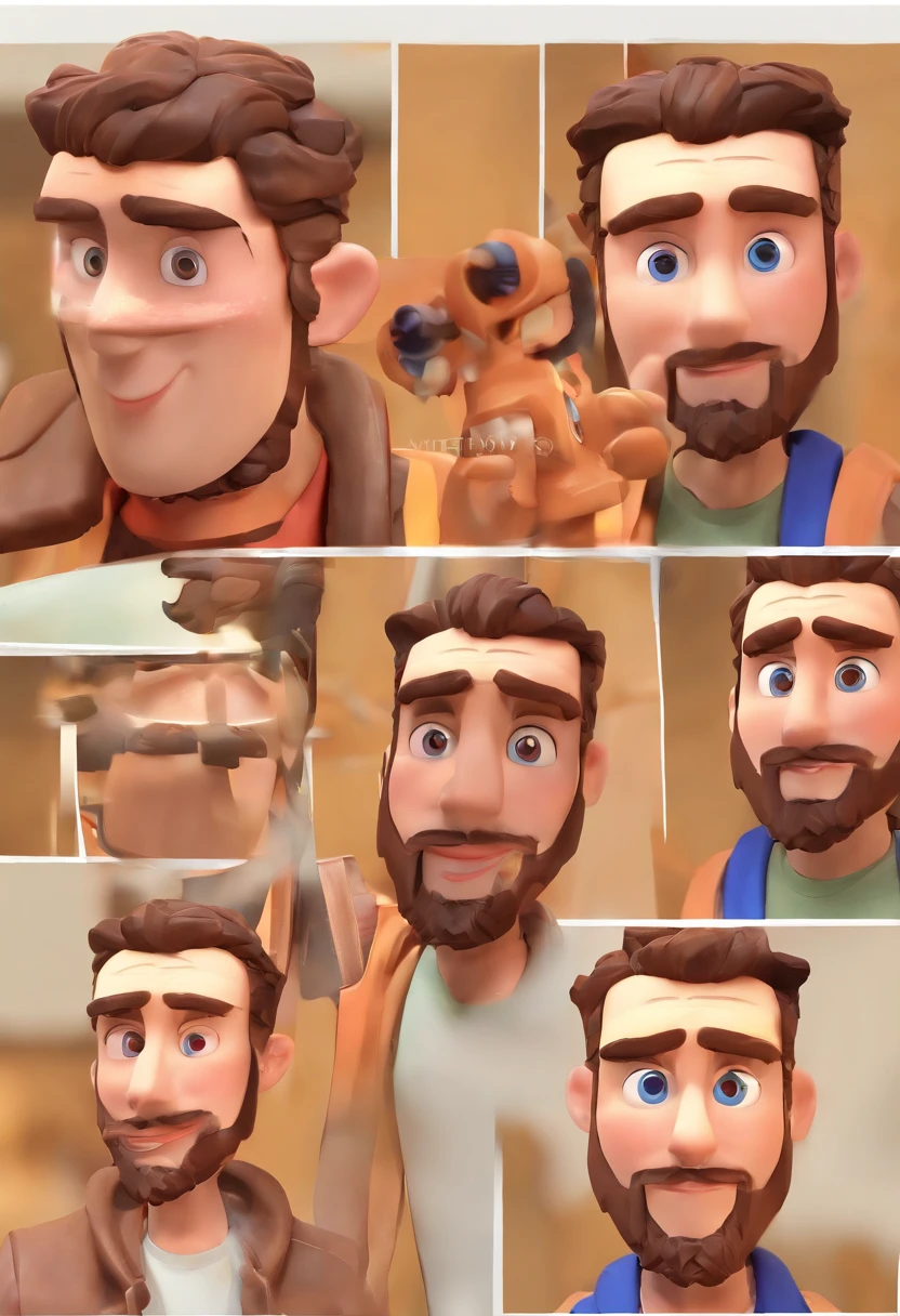 Estilo Pixar: Brown Eyes Man combone on head 27 years old with short dark brown beard