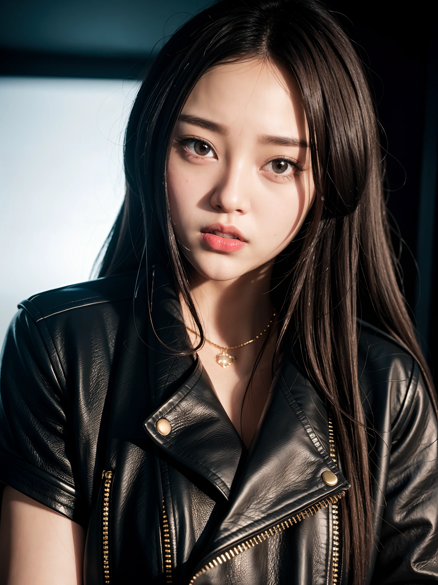 closeup portrait of Lia Itzy, black leather jacket, sad512, red lips, k-pop idol, standing in a nightclub,