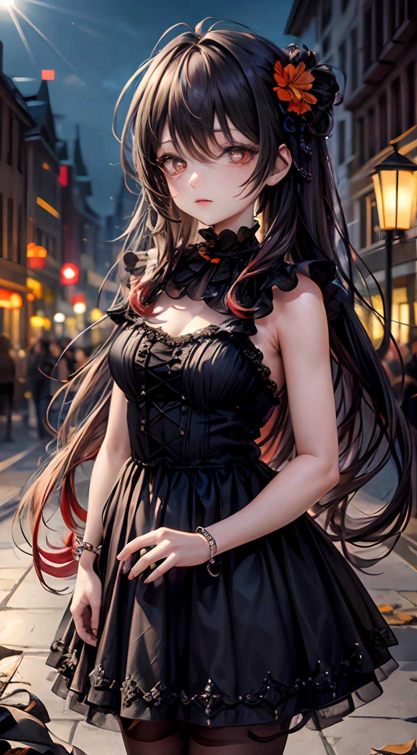 Highly detailed, High Quality, Masterpiece, beautiful, red eyes, long hair, 4k ultra high quality, Halloweens style outfit & background