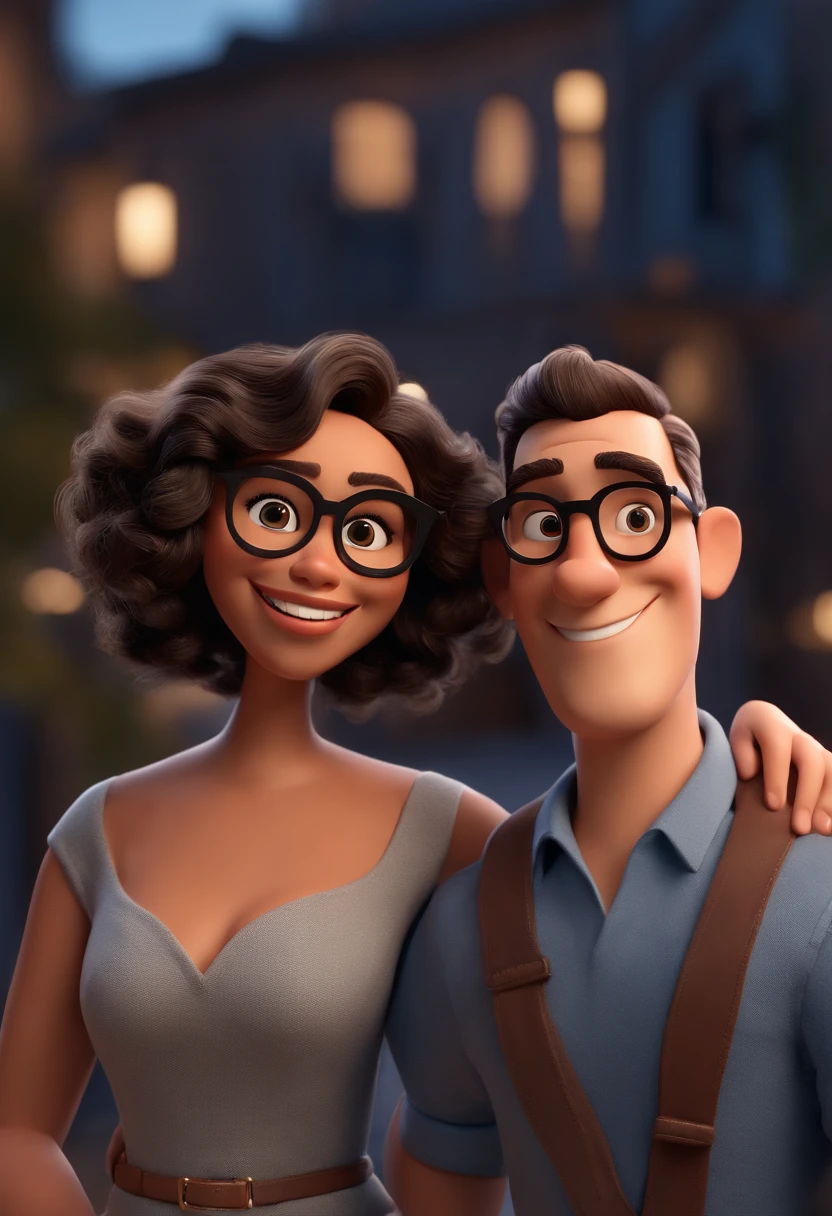 Cartoon character of a couple wearing black glasses and a blue shirt, homem cabelo grisalho um personagem animado tipo pixar, Caractere estilizado, animation style rendering, 3D estilizado, Arnold Maya render, 3 d render stylized, toon render keyshot, Personagem 3D, Personagem 3D, 3d rendering stylized, 3 d character render, personagem de desenho animado, Personagem de close up, Pose de personagem, (Estilo Pixar) (master part:1.2) (Bokeh) (melhor qualidade) (pele detalhada) (textura detalhada) (8k) (argila) (Cinematic lighting) (foco nítido,Senta e vaza a parte superior do corpo
