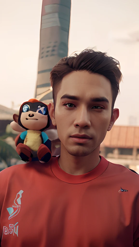 3D animation realistic face boy, realistic Face, wearing onic esports clothes, hair undercut, hand with a monkey doll, thick eyebrows, background in world asia for hell, 10k, Ultra Realistic With 3D animation.