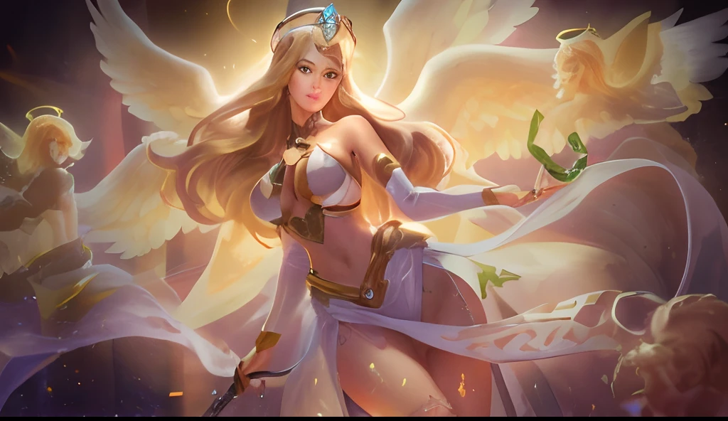 maximum resolution: 1.2), (Ultra HDTV: 1.2), 8K resolution, Eye and skin detail, detailed facial features, , ( Sharp focus: 1.2), (Focus focus) exact) facial expression: 1.2), a close up of a woman with a sword and wings, of beautiful angel, extremely detailed artgerm, full - body majestic angel, goddess of light, ig model | artgerm, golden goddess athena, artgerm lau, artgerm on artstation pixiv, angel knight girl, beautiful female angel, artgerm style, artgerm detailed, Wearing a yellow bikini, her bust is 3cm bigger, her waist is slimmer, her butt is 1.2cm bigger, wearing a swimsuit