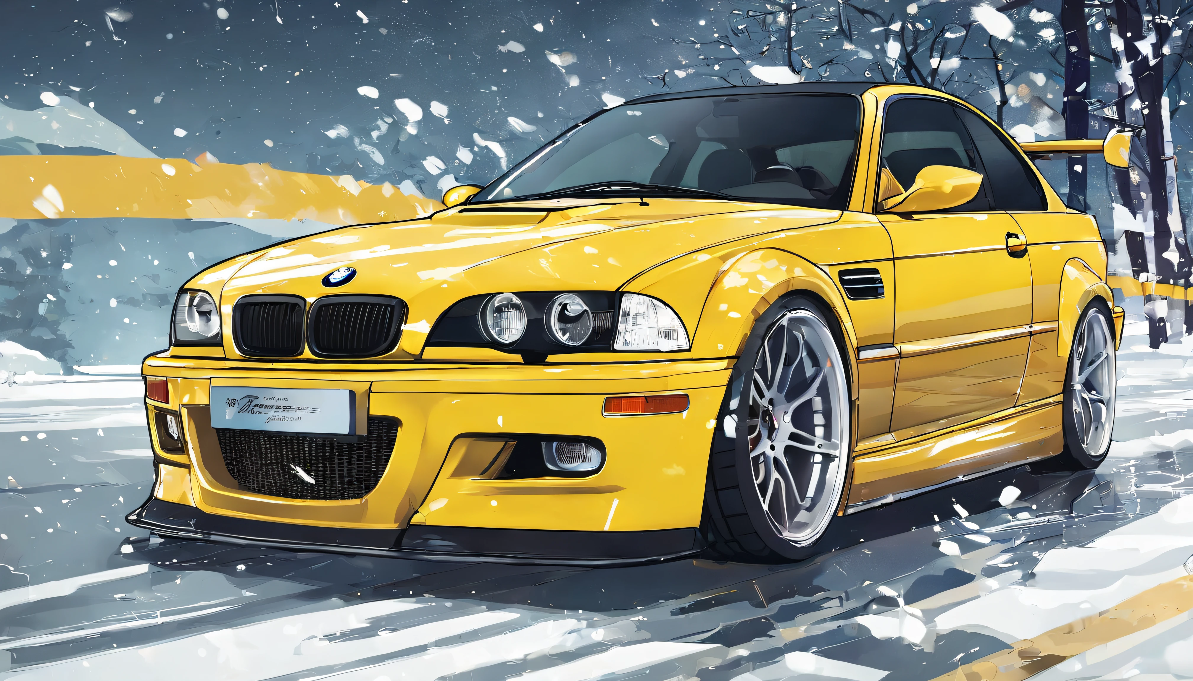 Bmw m3 e46 jaune, qui roule sur la neige