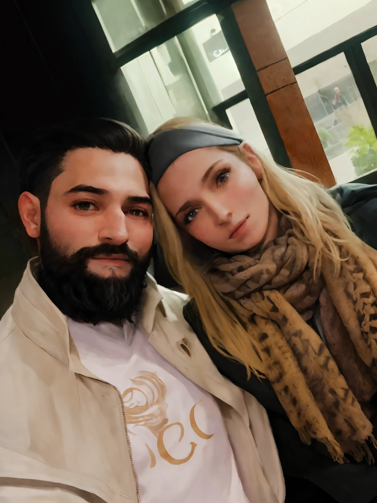 Blonde woman with beard and a man with scarf, imagem de perfil, Directed by: Nandor Soldier, taken in the early 2020s, com barba leonidas, Lovely couple, Casal feliz, 1614572159, imagem de qualidade muito baixa, Fotografia tirada em 2 0 2 0, foto de perfil
