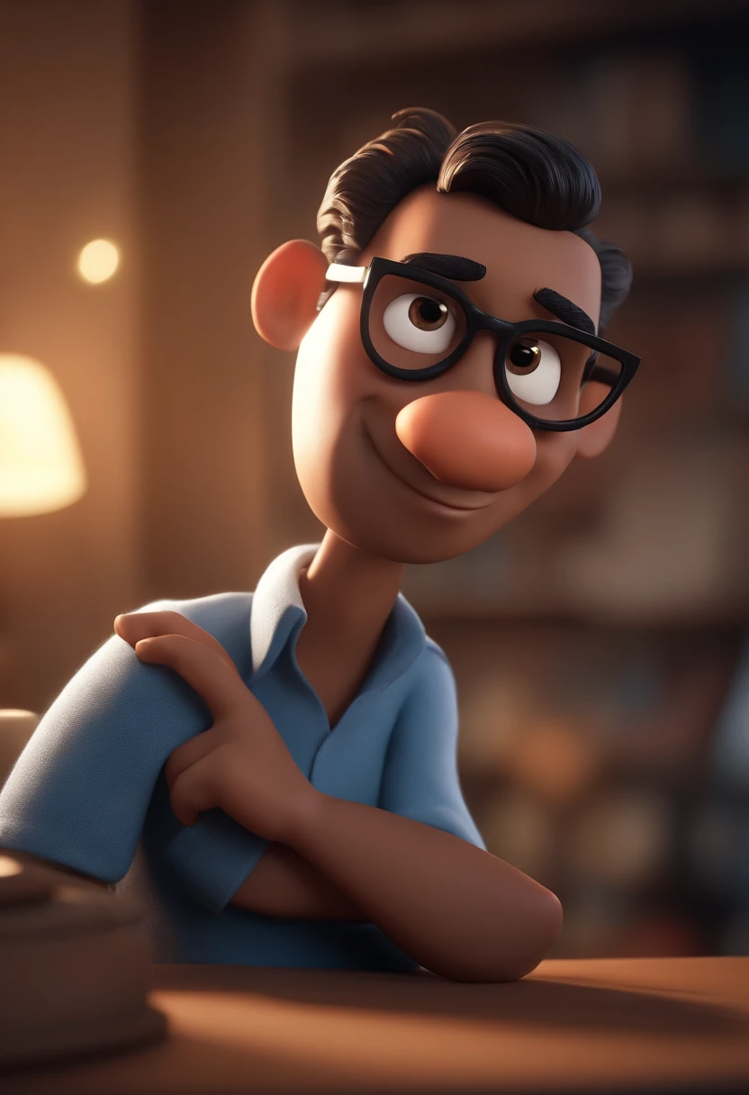 Cartoon character of a man with black glasses and a blue shirt, animation character, Caractere estilizado, animation style rendering, 3D estilizado, Arnold Maya render, 3 d render stylized, toon render keyshot, Personagem 3D, Personagem 3D, 3d rendering stylized, 3 d character render, personagem de desenho animado, Personagem de close up, Pose de personagem, (Estilo Pixar) (master part:1.2) (Bokeh) (best quality) (pele detalhada) (textura detalhada) (8k) (argila) (Cinematic lighting) (foco nítido