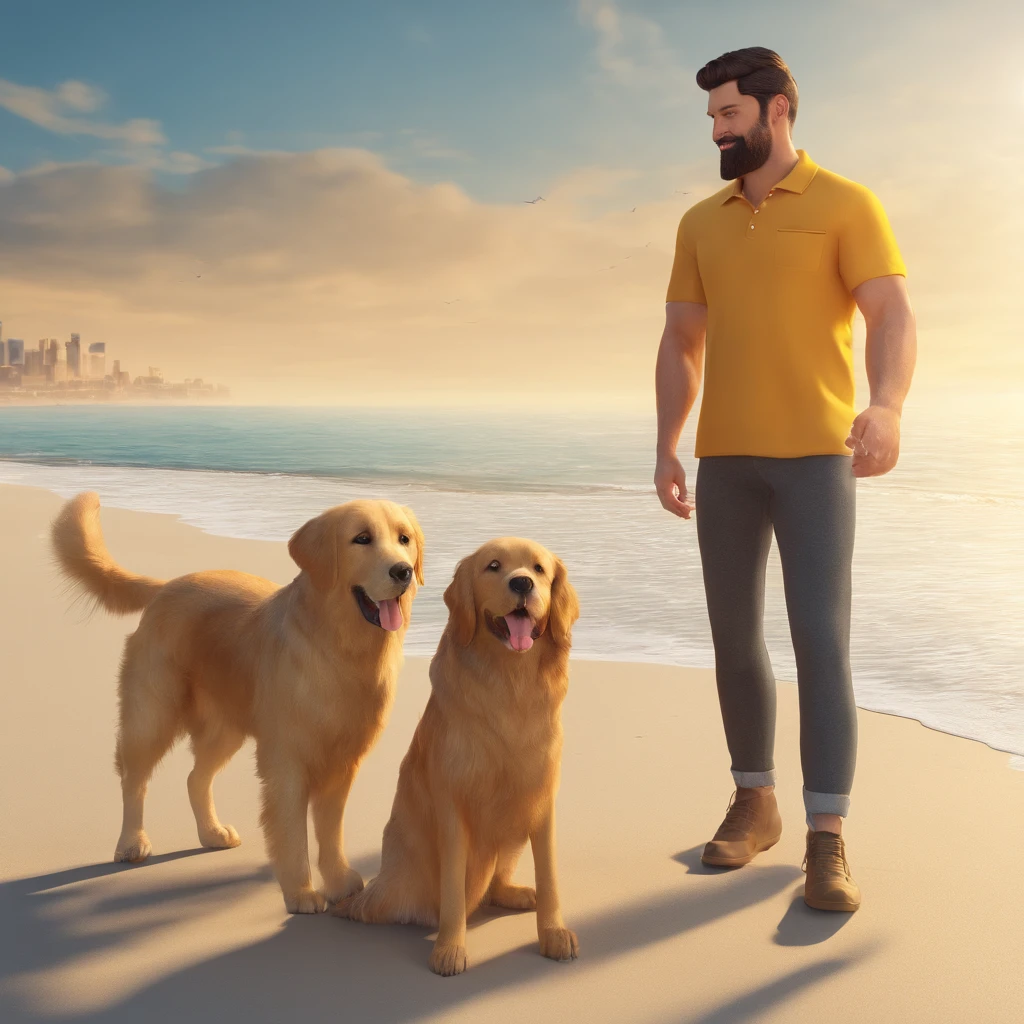 40 Year Old Black Hair Short Beard Man With A Golden Female Retriver On The Beach
