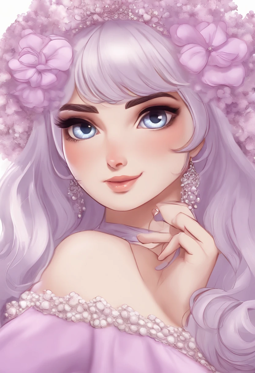 Personagem de desenho animado de uma mulher com cabelos castanhos longos liso, olhos castanhos, nariz afilado e coba carnuda, Wearing a lilac dress, no fundo uma parede rosa de tijolos escrito @delay.studiocriativo, um personagem animado, Caractere estilizado, animation style rendering, 3D estilizado, Arnold Maya render, 3 d render stylized, toon render keyshot, Personagem 3D, Personagem 3D, 3d rendering stylized, 3 d character render, personagem de desenho animado, Personagem de close up, Pose de personagem, (Estilo Pixar) (master part:1.2) (Bokeh) (best quality) (pele detalhada) (textura detalhada) (8k) (argila) (Cinematic lighting) (foco nítido，Senta e vaza a parte superior do corpo