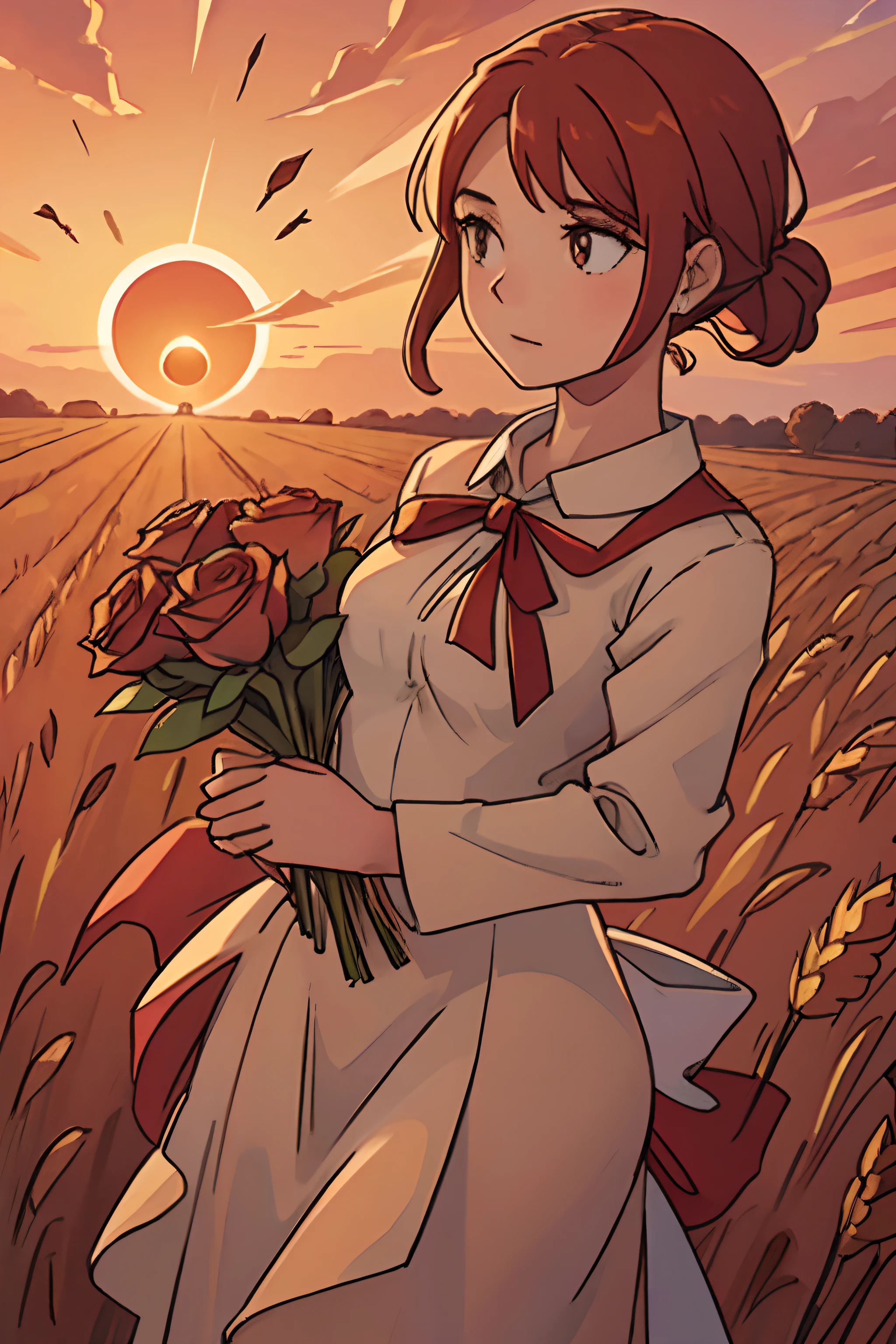 A statue of a female angel figure standing alone in a wheat field during a red sunset while holding a rose bouquet