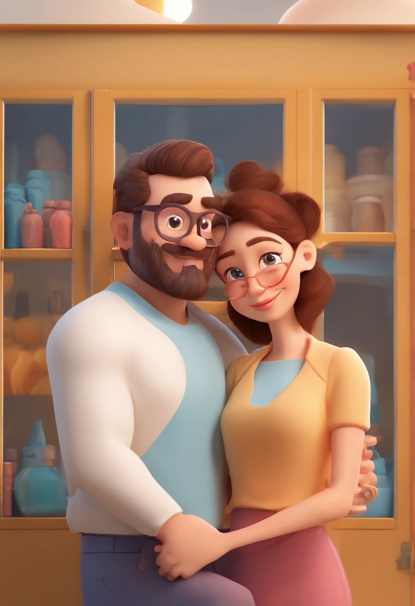 An illustration of an adorable couple, Destacando um homem e uma mulher com beleza, Expressive eyes – the man's hair is bald and brown and he has a full beard, While the woman's hair is tied up in a bun and blonde. They are a bright space, Todos com um sorriso no rosto, e compartilhe um momento especial, That is marked by love, viagem, and pedagogical insights. Ilustre esta cena a partir de uma perspectiva, where they're facing away from the camera, Show Your Connection. Desenvolva esta arte em Full HD, Focus on your cinematic touch, Estilo Disney Pixar Animations