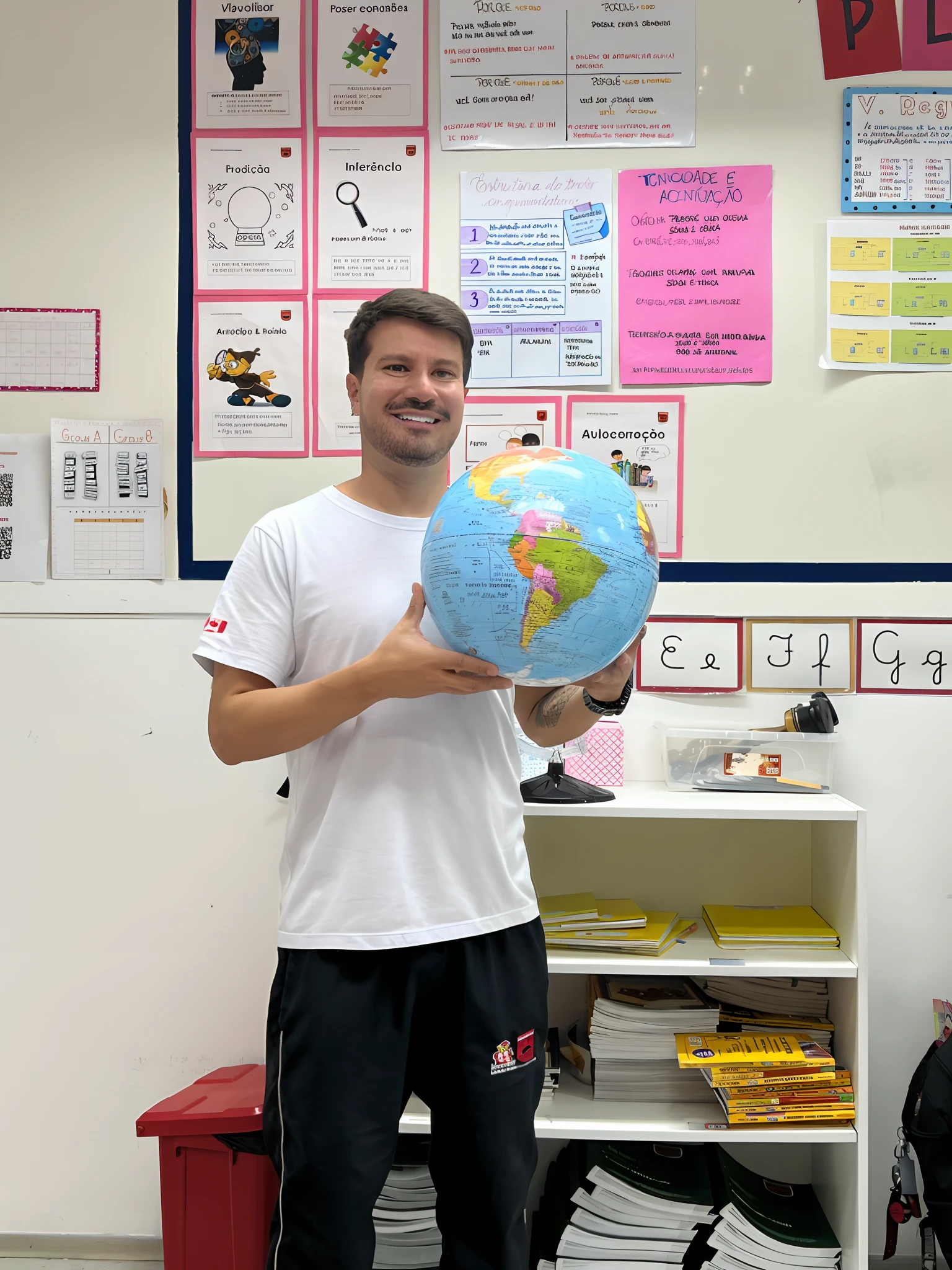 Homem Arafed segurando um globo na frente de uma parede branca, com a terra ao fundo, assunto completo mostrado na foto, is holding a tiny planet earth, Postagem no Reddit, segurando uma terra em miniatura, com a terra, globo grande, segurando um planeta, em uma sala de aula da escola, em uma sala de aula, Directed by: Daniel Lieske, professor, In the background, em segundo plano