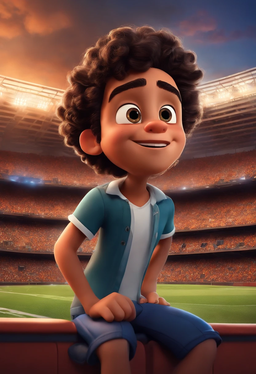 Disney/Pixar-inspired 3D poster capturing a scene of a cute 17-year-old without a beard soul patch, Black gradient curly hair, camisa time , Short pants on the background of a football stadium of clothes