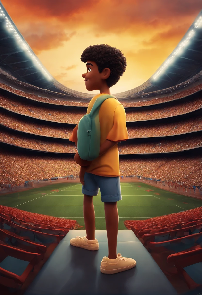 Disney/Pixar-inspired 3D poster capturing a scene of a cute -yeld wiut a beard soul patch, Black gradient curly hair, camisa time , Short pants on the background of a football stadium of clothes