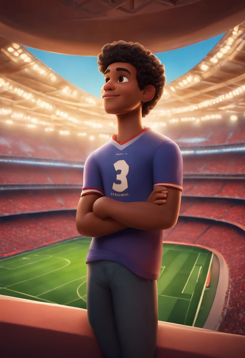Disney/Pixar-inspired 3D poster capturing a scene of a cute 17-year-old without a beard soul patch, Black gradient curly hair, camisa time , Short pants on the background of a football stadium of clothes