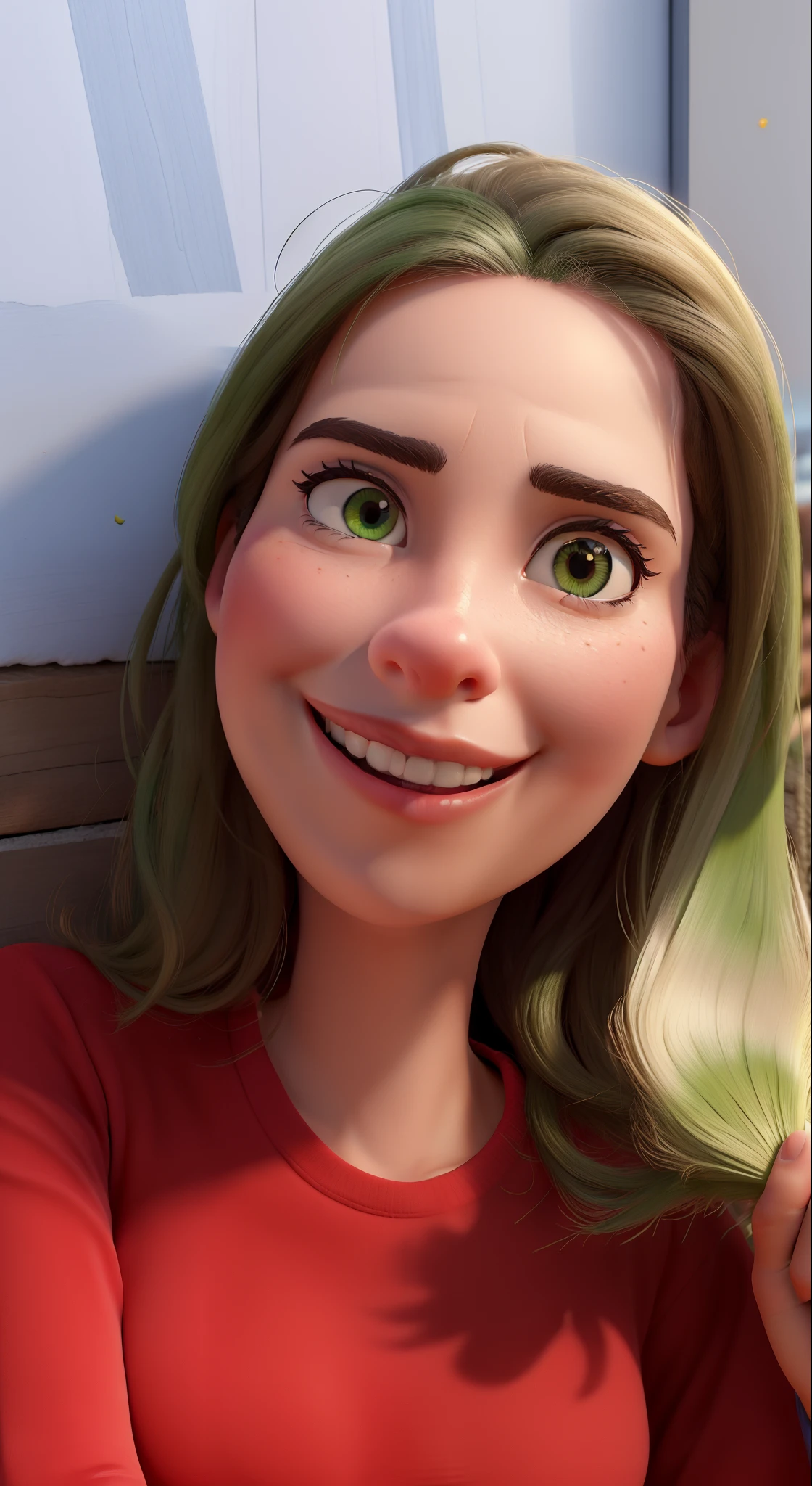 obra-prima, melhor qualidade, mulher loira, de olhos verdes com uma leve maquiagem, She's a draftsman, trabalha fazendo arte em paredes, 36 anos, Is in a park doing lettering art on a wall for an advertising campaign. Em um cartas de filme da Pixar.