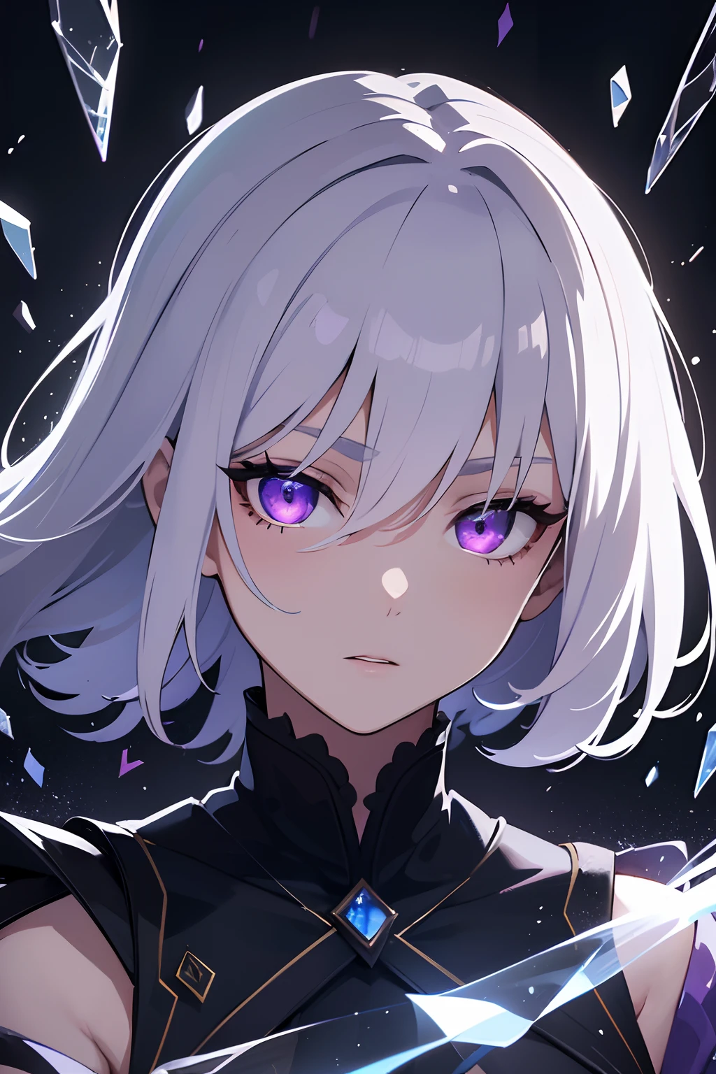 (masterpiece, best quality, ultra-detailed, best shadow), (detailed background,dark fantasy), (beautiful detailed face), high contrast, (best illumination, an extremely delicate and beautiful), ((cinematic light)), colorful, hyper detail, dramatic light, intricate details, (1girl, solo,white hair, sharp face,purple eyes, hair between eyes,dynamic angle), blood splatter, swirling black light around the character, depth of field,black light particles,(broken glass),magic circle,