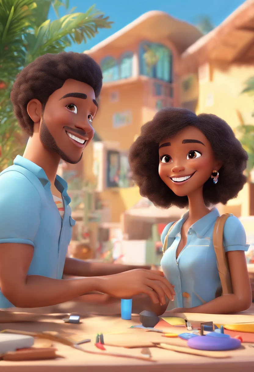 An illustration of an adorable couple being two women, Destaque para uma mulher mulato gordinho dos olhos pretos puxado, do cabelo preto liso nos ombros, e a outra mulher sorridente e uma mulher branca com lindos olhos expressivos da cor castanho claro da pele negra. They are a bright room, cada um com um sorriso no rosto, e compartilhar um momento especial caracterizado pelo amor, Insights. Illustrate this scene from a perspective where they are facing the camera, Smiling and Showing Your Connection. Desenvolva esta arte em Full HD, Focus on your cinematic touch, Estilo Disney Pixar Animations
